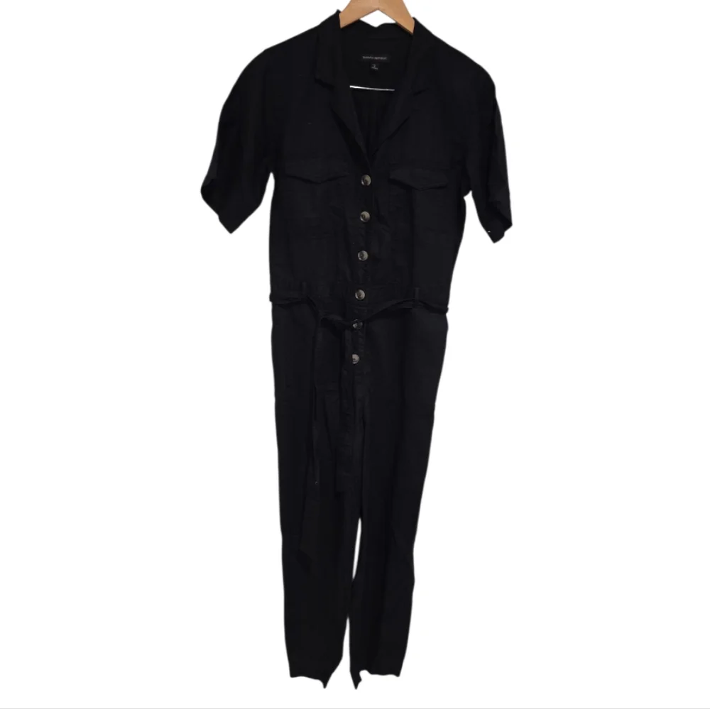 Banana Republic Black Utility Button Front Belted Jumpsuit Tall‎ 8 Short Sleeve